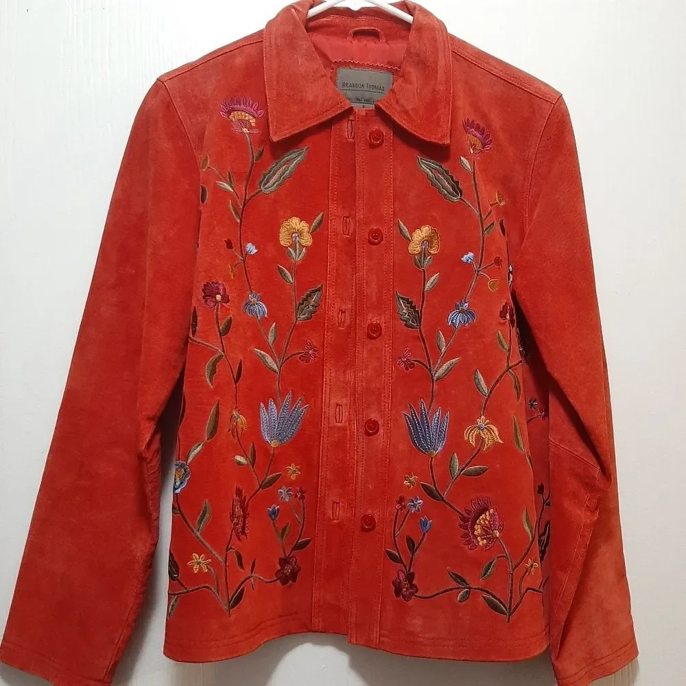 Brandon Thomas Cottagecore Red Orange Suede Novelty Floral Leather Jacket Small - Picture 2 of 13